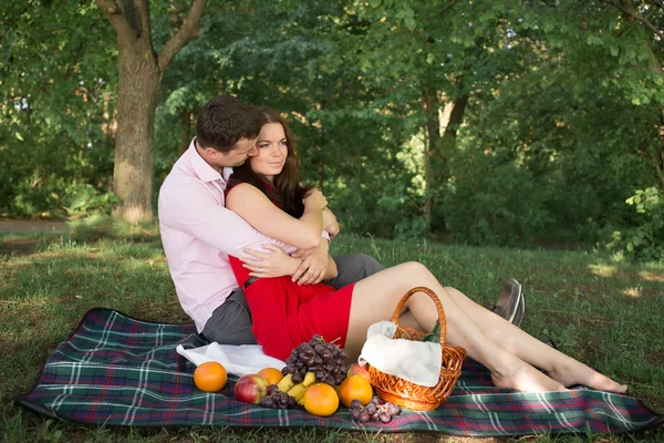 Hermosa pareja joven de picnic en el campo. Familia feliz al aire libre. Hombre y mujer sonrientes relajándose en Park. Relaciones entre Estados miembros — Foto de Stock