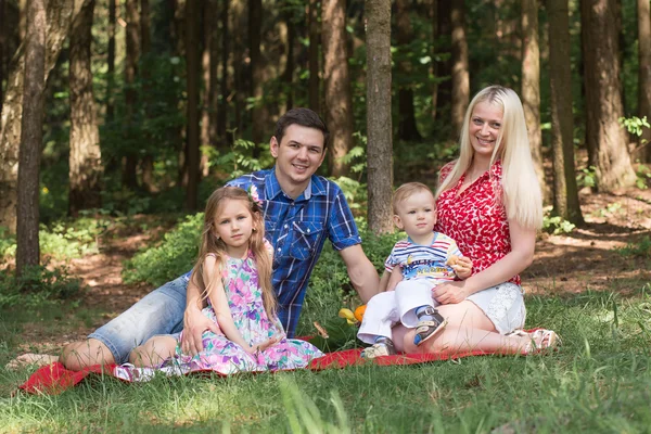 Glückliche Familie spazieren im grünen Sommerpark. Picknick — Stockfoto