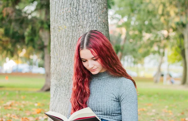 Ein Junger Mann Mit Roten Haaren Und Grauem Pullover Liest — Stockfoto