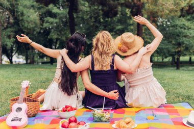 Hafta sonu yaz parkında piknik sırasında damalı battaniye ve ukulele ile otururken şık kıyafetler içinde birbirini kucaklayan ve kollarını kaldıran tanınmamış kız arkadaşların arka planı.