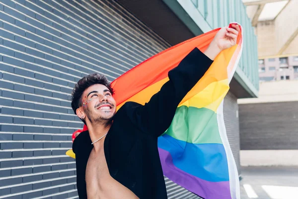 Delighted Gay Rhinestones Face Colorful Rainbow Lgbt Flag Hands Looking 스톡 사진