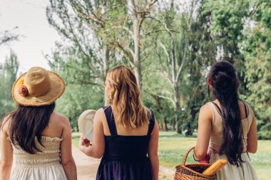 Yazlık elbiseli, hasır şapkalı, elmalı ve birbirine bakan isimsiz bir kadının arka plan görüntüsü.