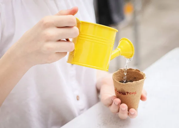 Hands of a caucasian teenage girl holding a yellow watering can with her hands and watering cardboard cups — Stock Photo, Image