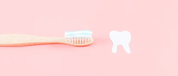 Bamboo Toothbrush Toothpaste Paper Tooth Left Soft Pink Background Copy — Stock Photo, Image