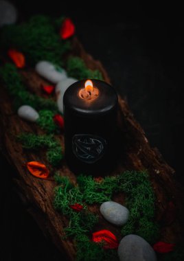 Sihirli beyaz işareti, yeşil yosun, kurumuş çiçekler ve bir ağacın kabuğunda gri taşlar olan siyah bir mum, siyah arka planda, yakın plan görüşünde çapraz olarak yatar. Esrarengiz kavram, karanlık tarz..