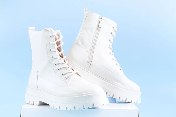 Two Pairs White Demi Season Boots Made Eco Leather Fasteners — 스톡 사진