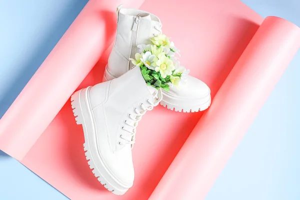 White Demi Season Boots Made Eco Leather Rough Sole Lacing — 스톡 사진