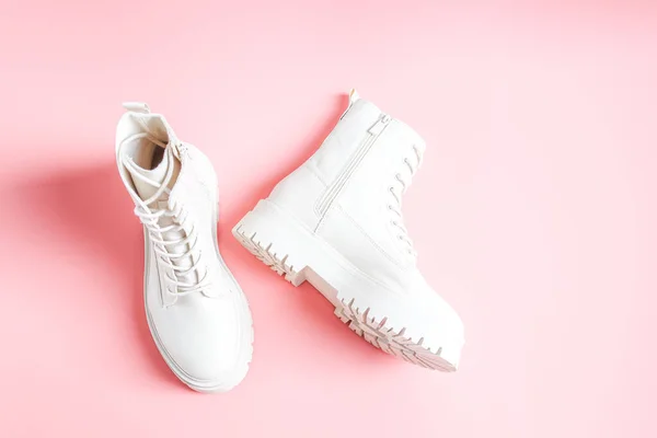 White Demi Season Boots Made Eco Leather Fasteners Laces Rough — 스톡 사진