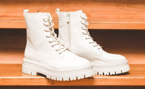 White Demi Season Boots Made Eco Leather Fasteners Laces Rough — 스톡 사진