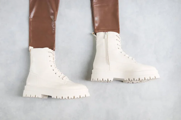 White Demi Boots Made Eco Leather Buckles Laces Brown Leather — Stockfoto