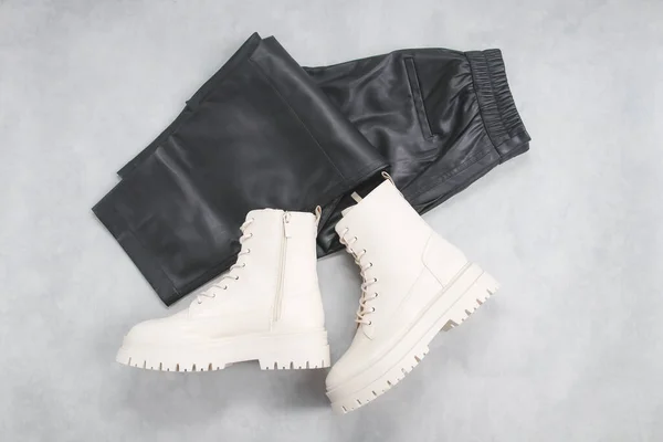 White Eco Leather Ankle Boots Buckles Laces Black Stylish Leather — 스톡 사진
