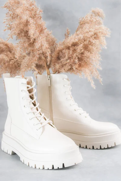 White Demi Season Boots Made Eco Leather Fasteners Laces Rough — 스톡 사진