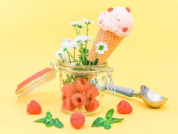 Raspberry Ice Cream Waffle Cone Summer Flowers Fresh Berries Glass — Stock fotografie