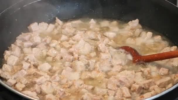 Pork Meat Cut Small Cubes Appetizingly Fried Oil Frying Pan — стоковое видео