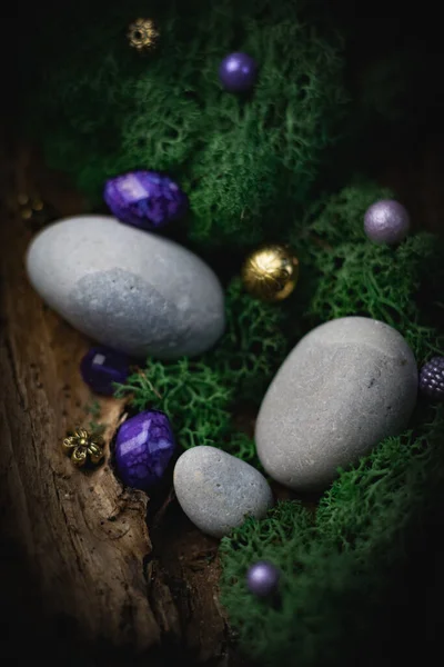 Lilac Golden Natural Stone Lies Bark Tree Moss Gray Stones — 图库照片