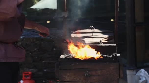 Middle Aged Caucasian Male Blacksmith Medieval Era Forges Red Hot — Video