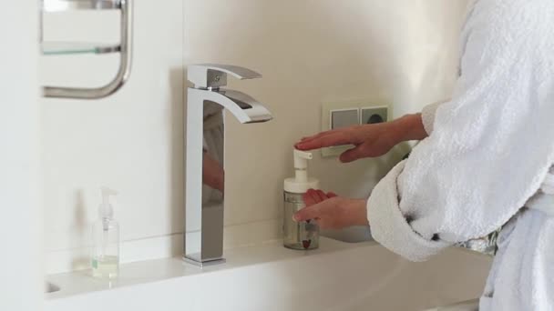 Hands Caucasian Young Woman White Bathrobe Squeezing Out Liquid Soap — Stok video