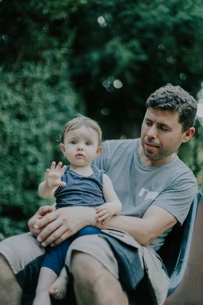 Portrait Caucasian Dad Curly Brown Hair Work Uniform Little Baby —  Fotos de Stock