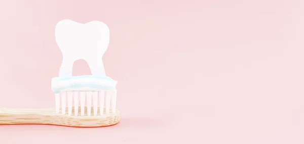 Bamboo Toothbrush Toothpaste Paper Tooth Left Soft Pink Background Copy — Stock Photo, Image