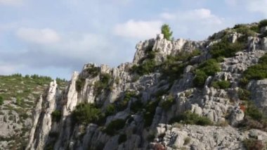 Fransa 'nın güneyinde ağaçların büyüdüğü kayalık dağların güzel panoramik manzarası, yan görüş, yavaş çekimde yakın çekim ve sağa doğru takip..