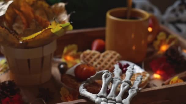 Skeleton Hand Pulls Waffle Pumpkin Saucer Wooden Tray Mug Coffee — Stock Video