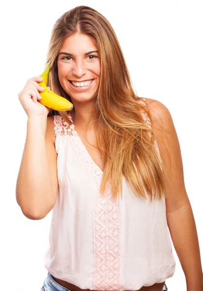 Woman calling with banana — Stock Photo, Image