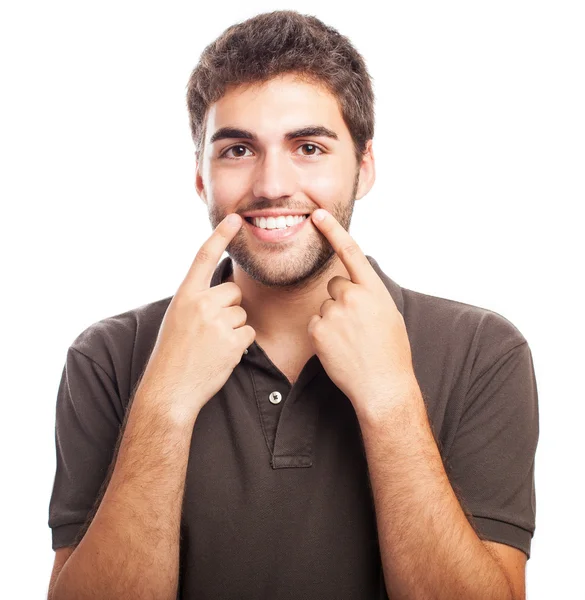 Homem forçado sorriso — Fotografia de Stock