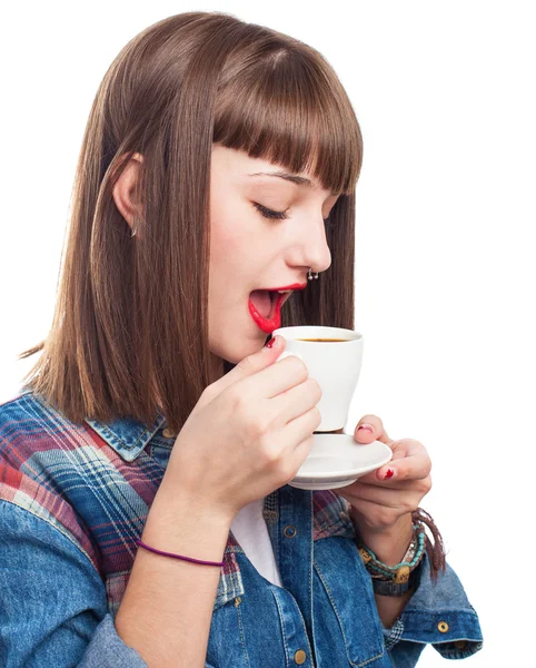 Young girl smelling coffee — Stock Photo, Image