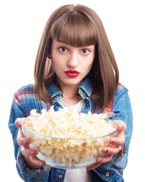 Woman holding popcorn — Stock Photo, Image