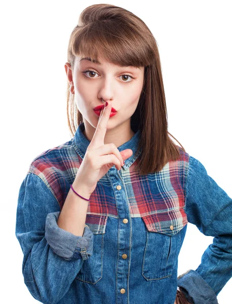 Vrouw doen stilte symbool — Stockfoto