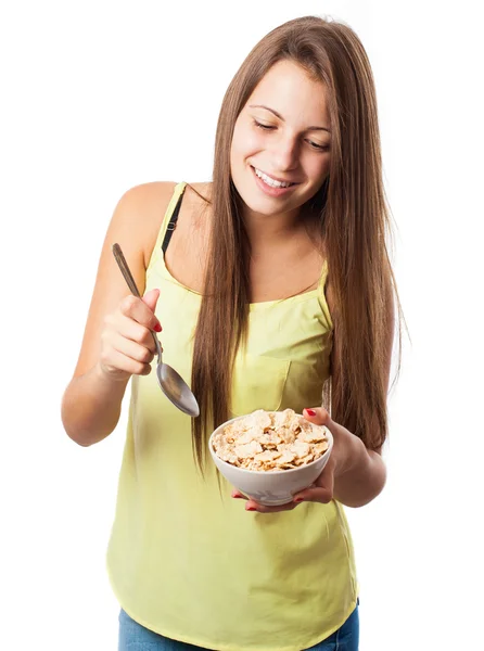 Donna che tiene ciotola di cereali — Foto Stock