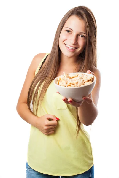 Woman holding cereal bowl — Stock Photo, Image