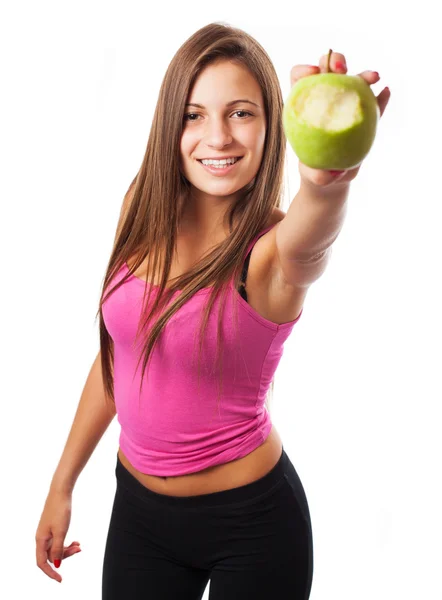 Woman offering apple isolated on white — Stock Photo, Image