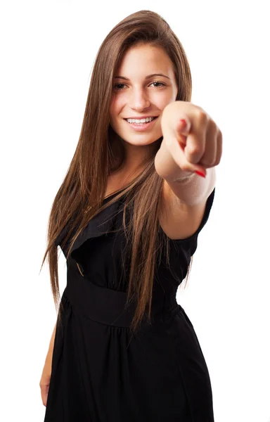 Mulher apontando com o dedo — Fotografia de Stock