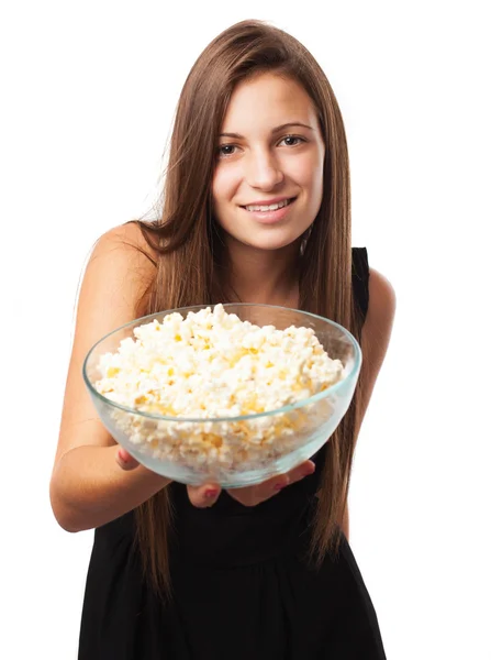 Woman with popcorn — Stock Photo, Image