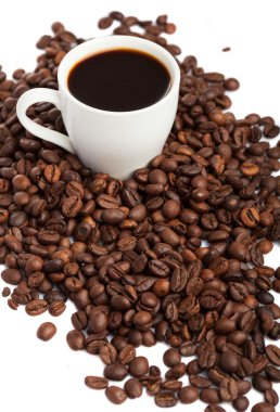 Kahve fincanı ve kahve çekirdeği.