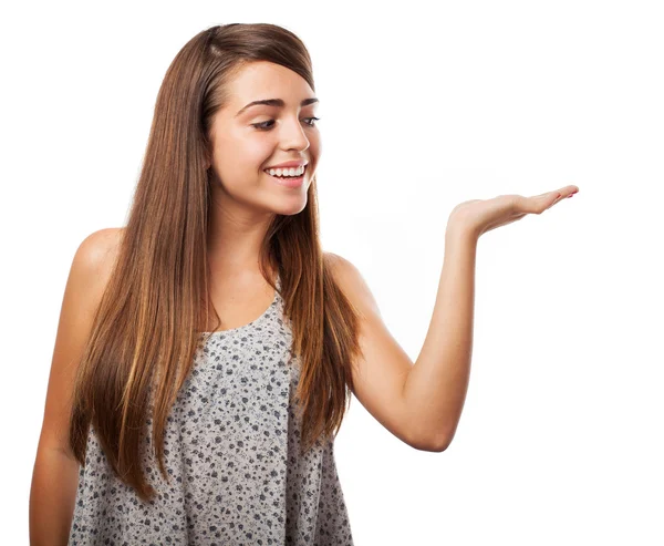 Woman presenting product — Stock Photo, Image