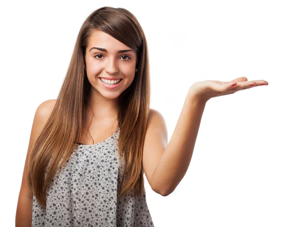 Woman presenting product — Stock Photo, Image