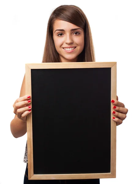 Mujer sosteniendo pizarra — Foto de Stock