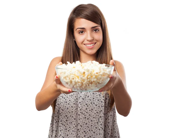 Woman with popcorn — Stock Photo, Image