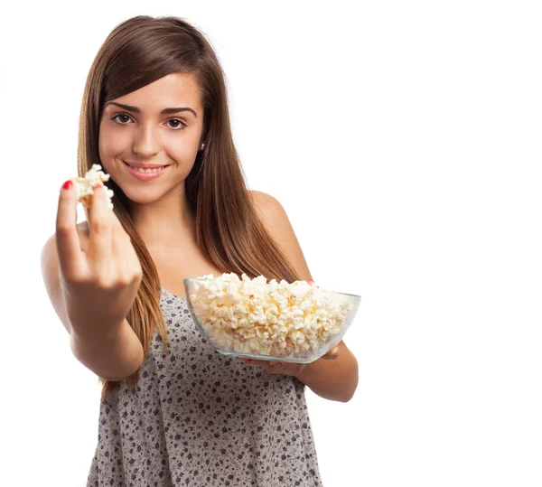 Woman with popcorn — Stock Photo, Image