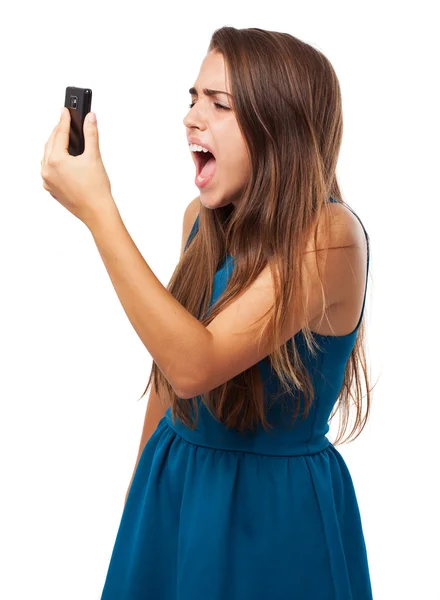 Woman shouting at mobile — Stock Photo, Image