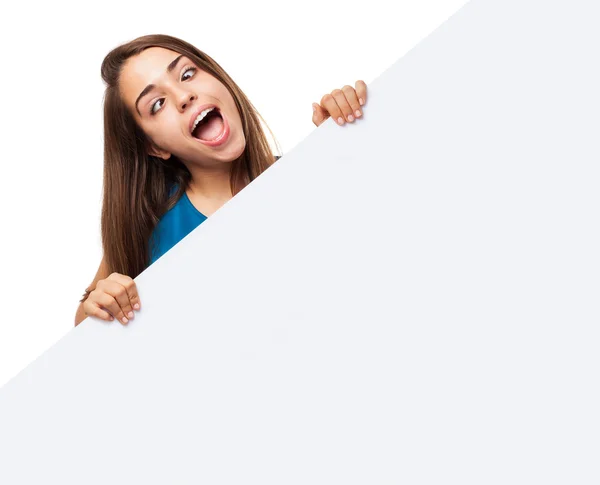 Surprised woman holding board — Stock Photo, Image
