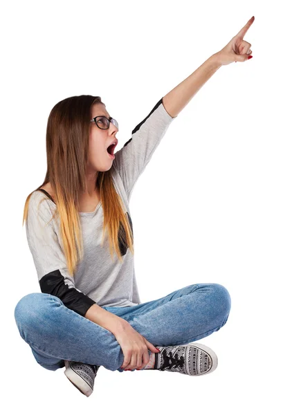 Woman pointing up — Stock Photo, Image