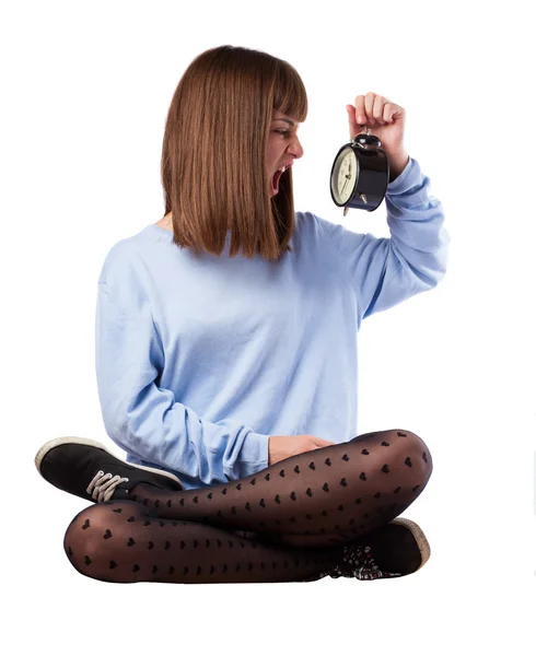 Girl screaming on alarm clock — Stock Photo, Image