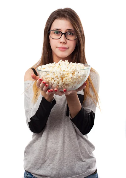 Woman holding popcorn — Stock Photo, Image