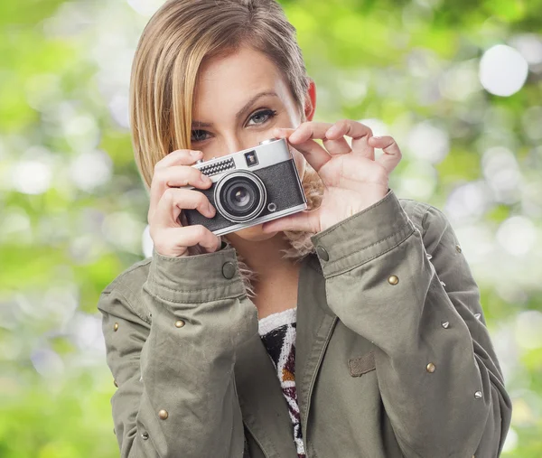 Kamera kadınla — Stok fotoğraf