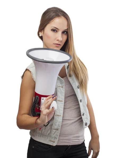 Mujer sosteniendo megáfono — Foto de Stock