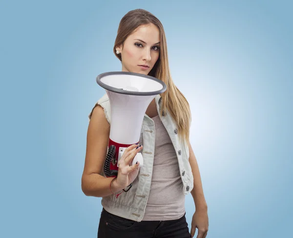 Mulher segurando megafone — Fotografia de Stock