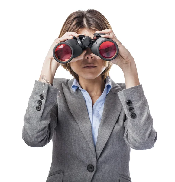 Woman with binoculars — Stock Photo, Image